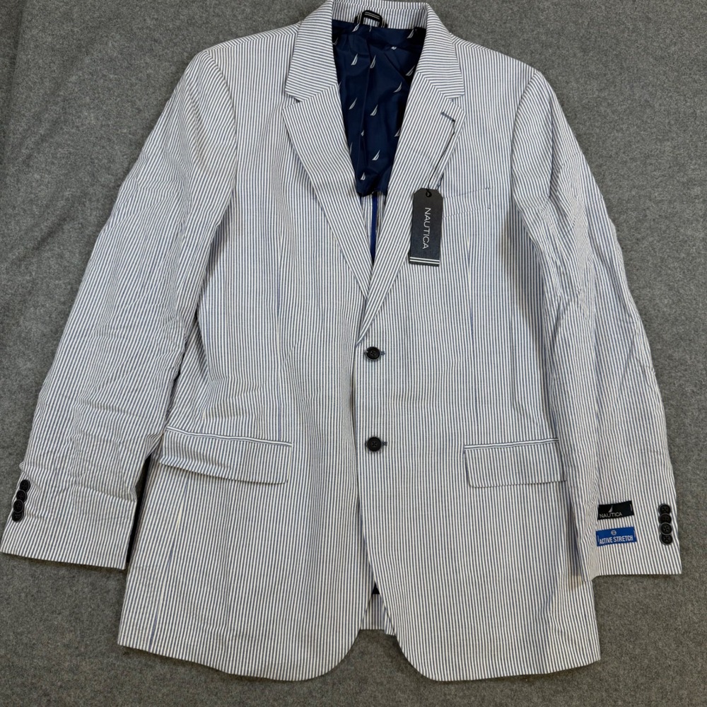 Nautica Mens Brielle Seersucker Sport Coat Blue White Stripe Blazer 42L NC425